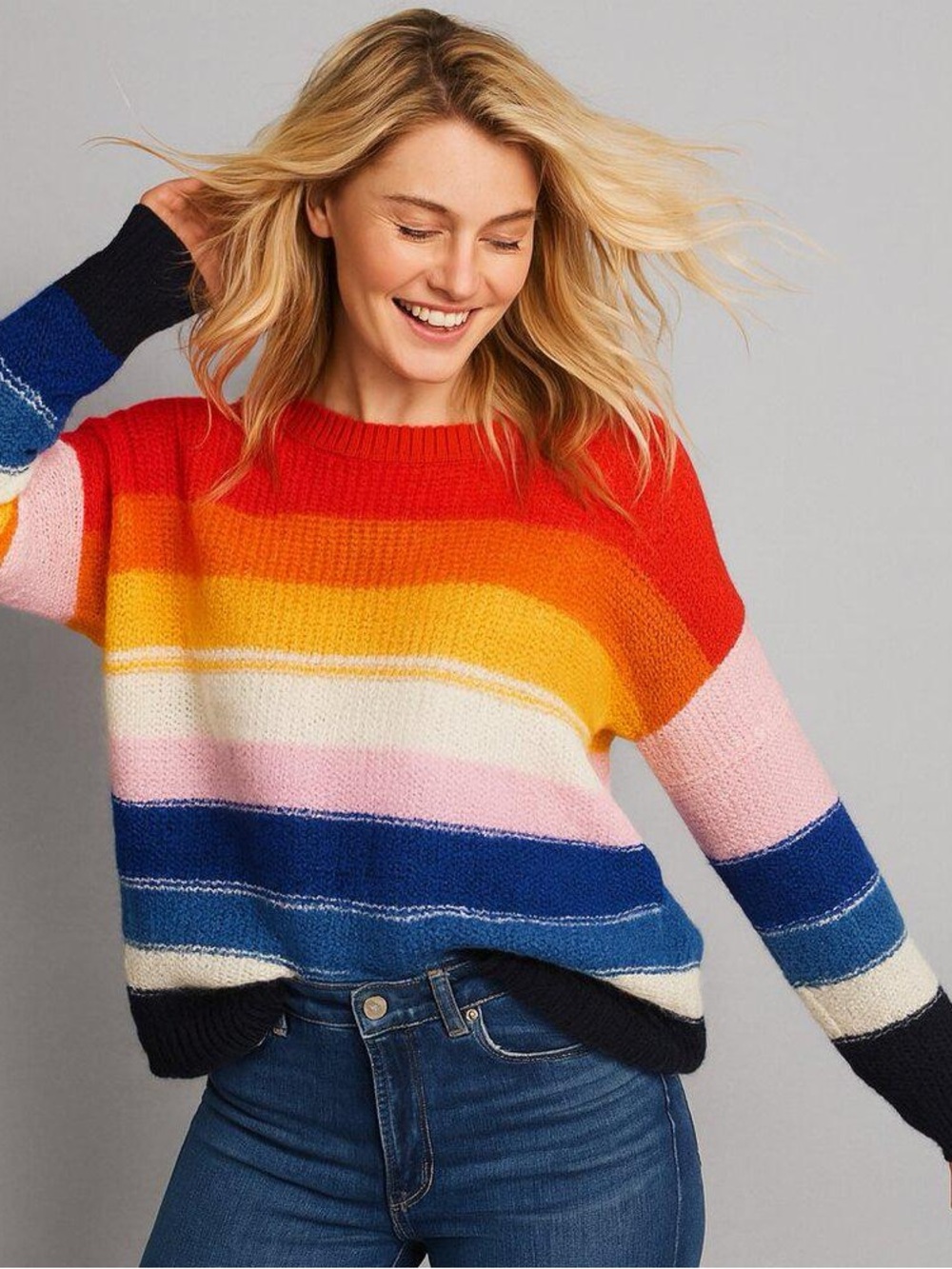 Old‎ Navy wool Festive Craft Rainbow Striped Crew Neck Pullover Knit Sweater XS
